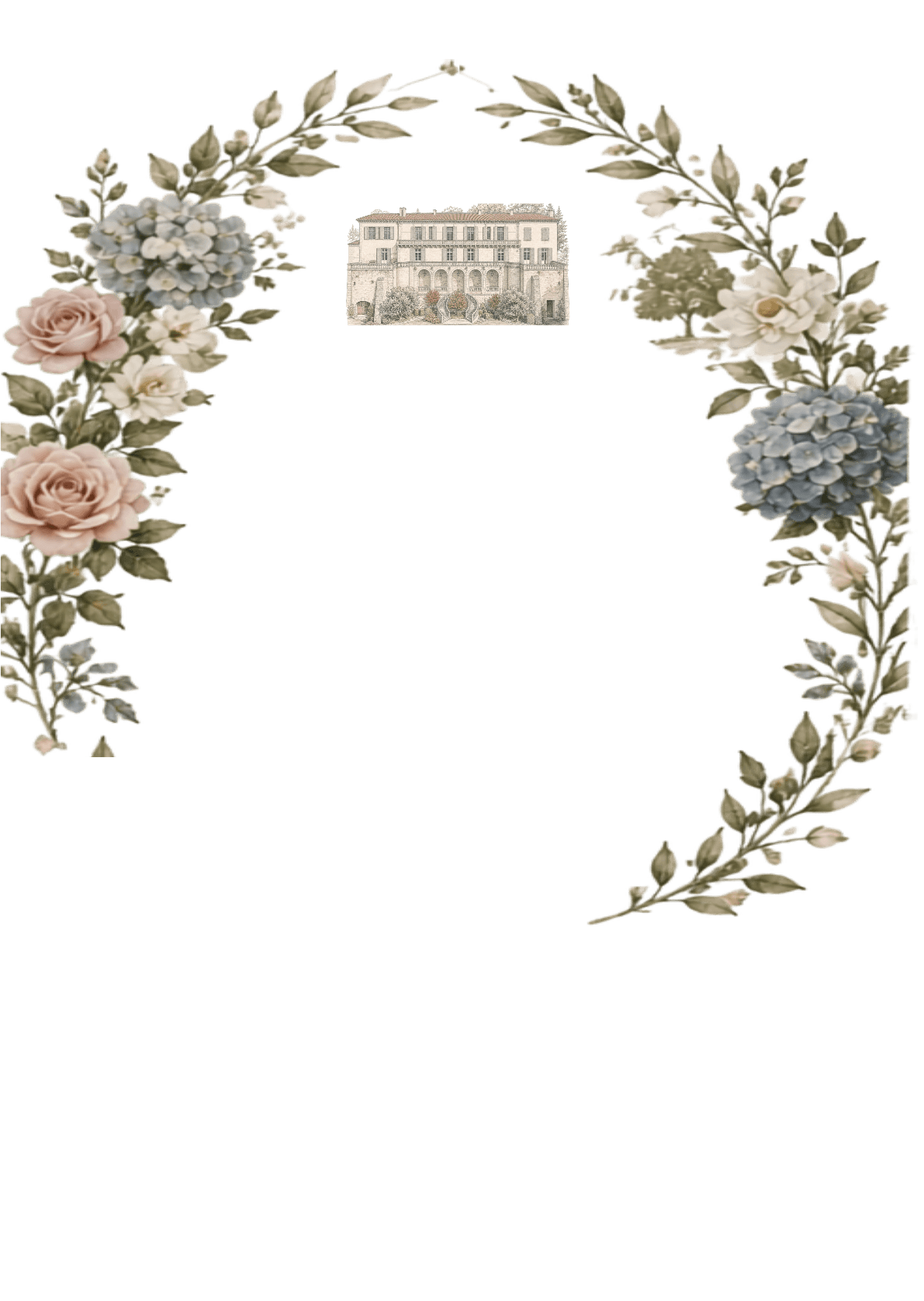 Botanical wreath framing an engraving of Château de Poudenas
